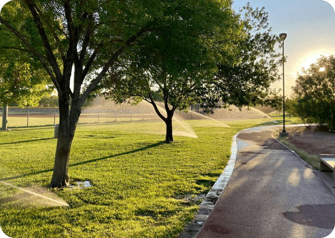 A park with trees and grass on the side of it.