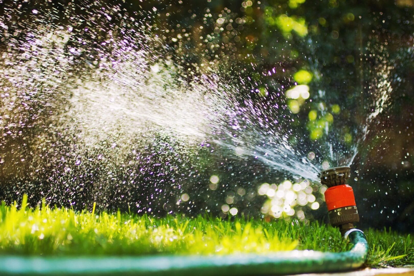 A red and black lawn mower spraying water on grass.